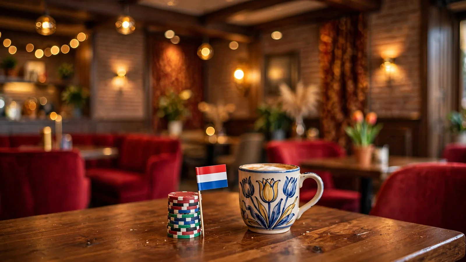 Nederlands café met casinofiches en tulpenmok op tafel