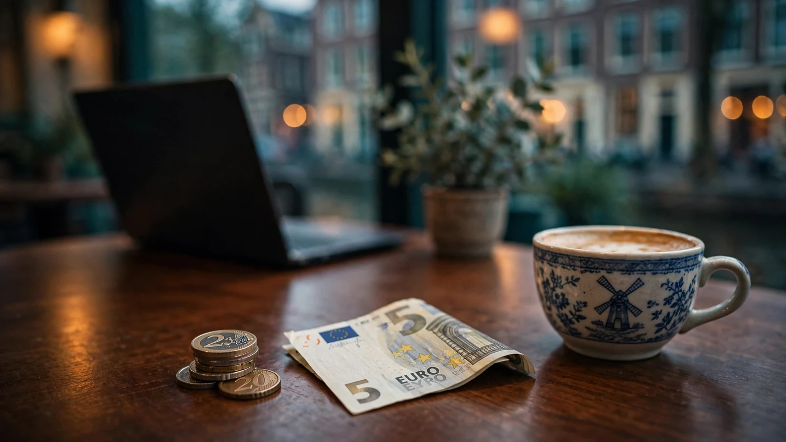Stapel euromunten en een briefje van vijf euro op een houten tafel met een laptop op de achtergrond.