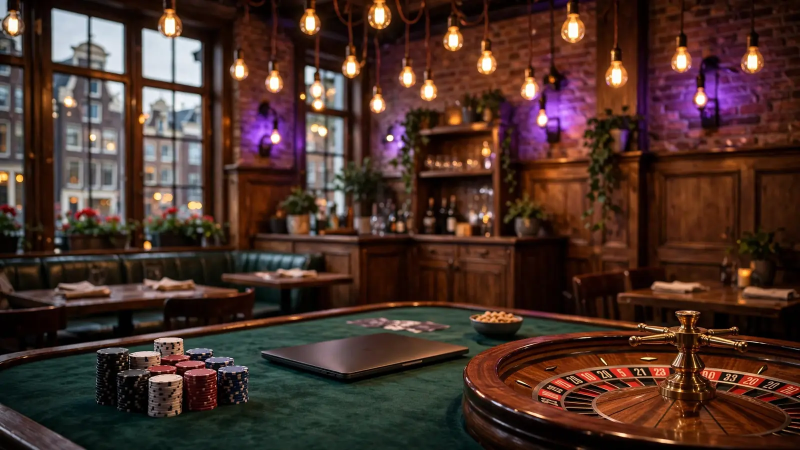 Sfeervolle casino-lounge met speeltafel en roulette in warme verlichting