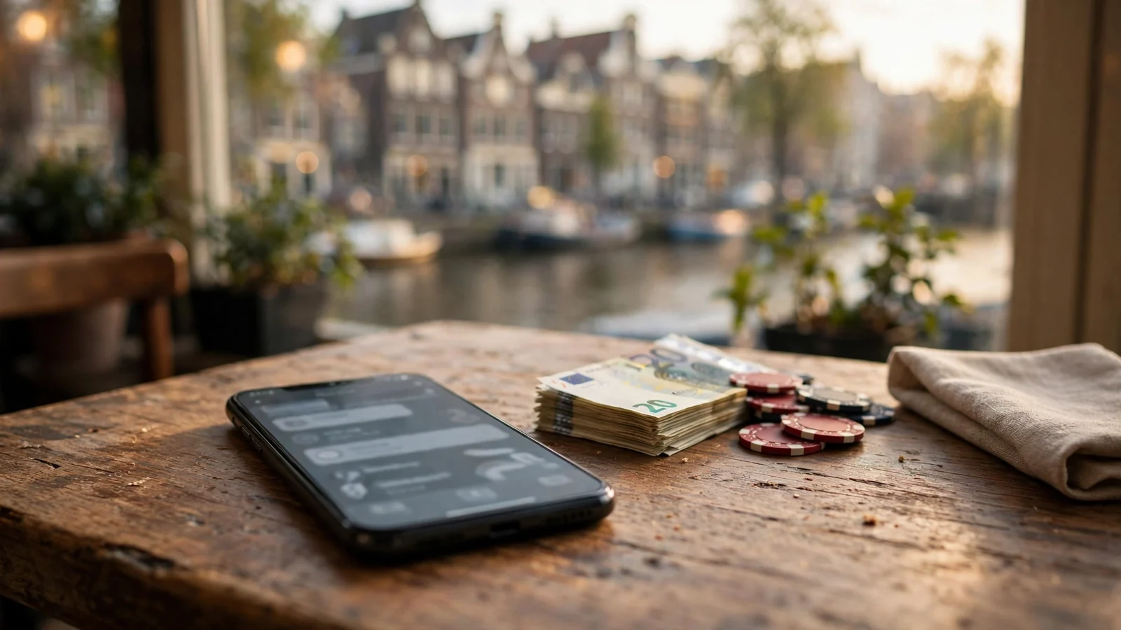 Smartphone in een Amsterdams café met casinofiches en euro's