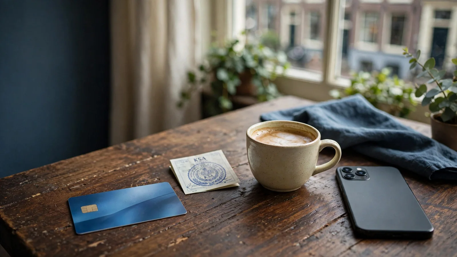 Visa-betaalkaart op tafel met koffie in een Nederlands interieur
