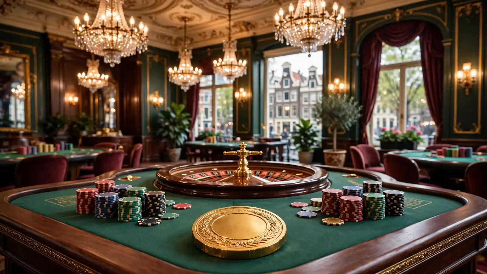 Elegant casino tafel met roulette en kleurrijke fiches in gouden sfeer