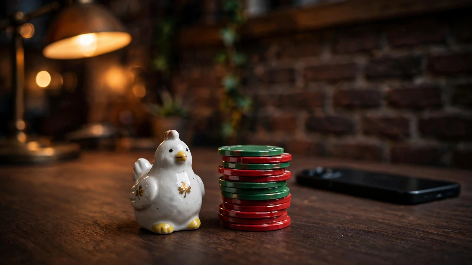 Kippenfiguur met casinofiches op een bureau in Nederlands interieur