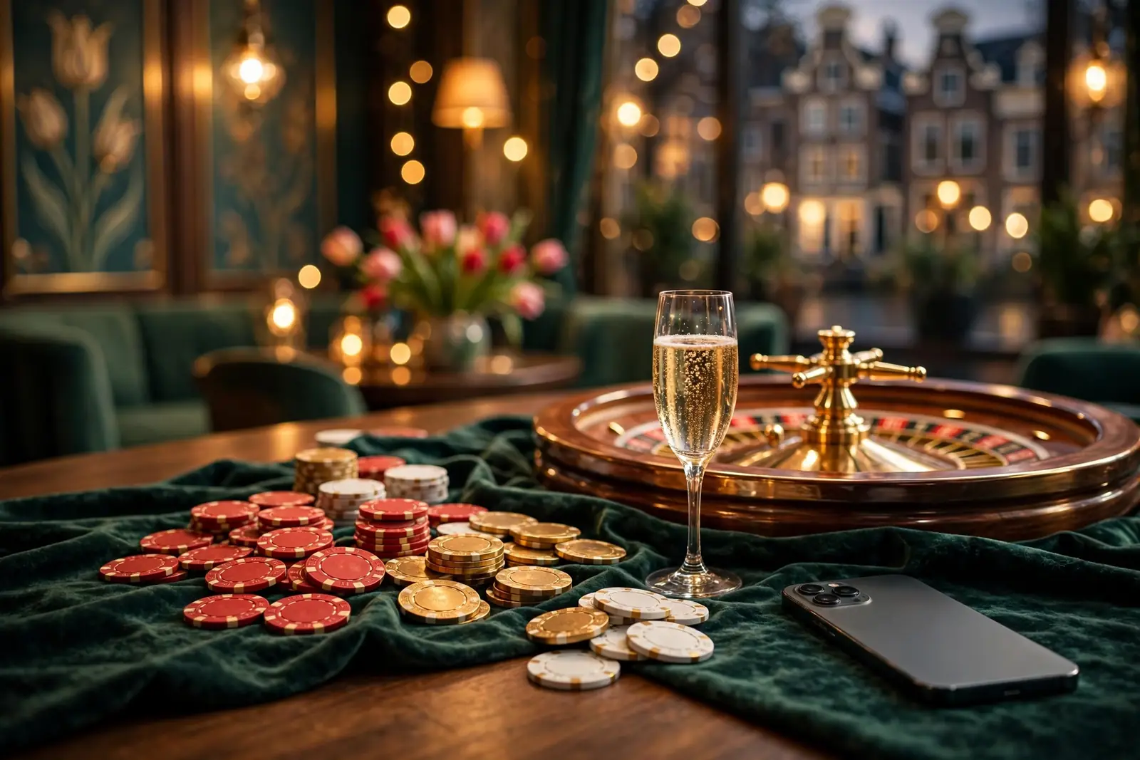Casino tafel met fiches, roulette en een telefoon op fluweel