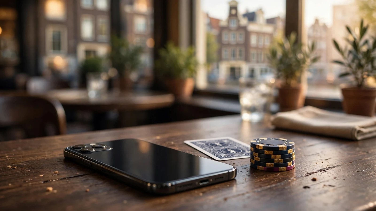 Smartphone naast casinochips en speelkaart in een Amsterdamse setting