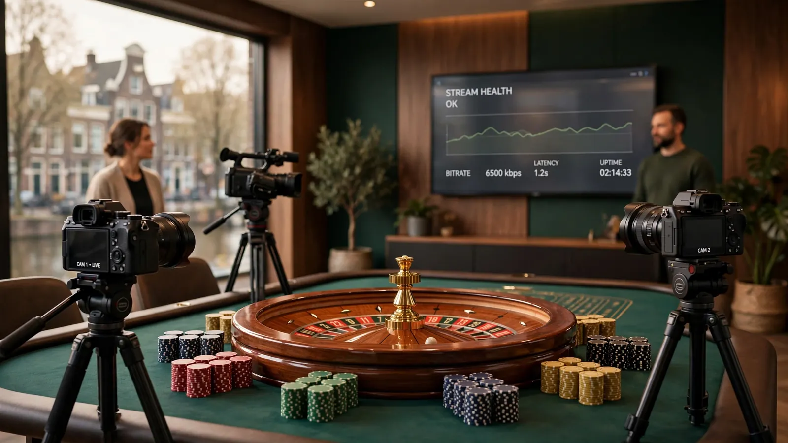 Live casino roulette studio met wiel en camera's