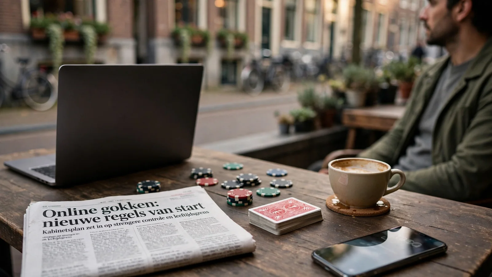 Hollandse cafétafel met casinofiches, kaarten en dichtgeklapte laptop