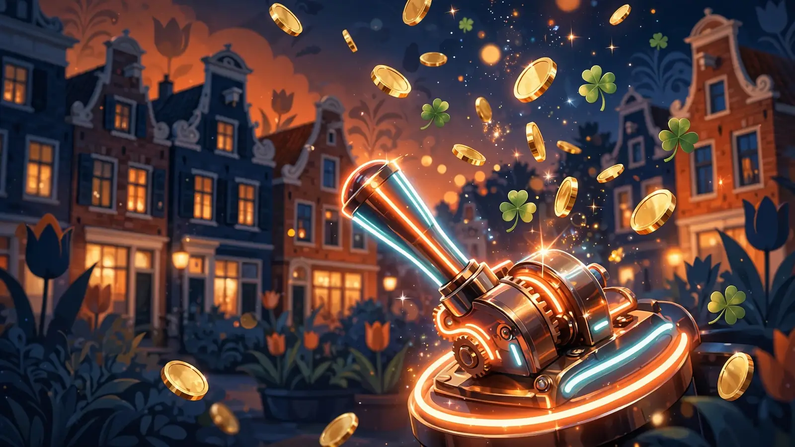 Gekleurde gokkast met gouden munten en klavertjes in oranje en navy sfeer.