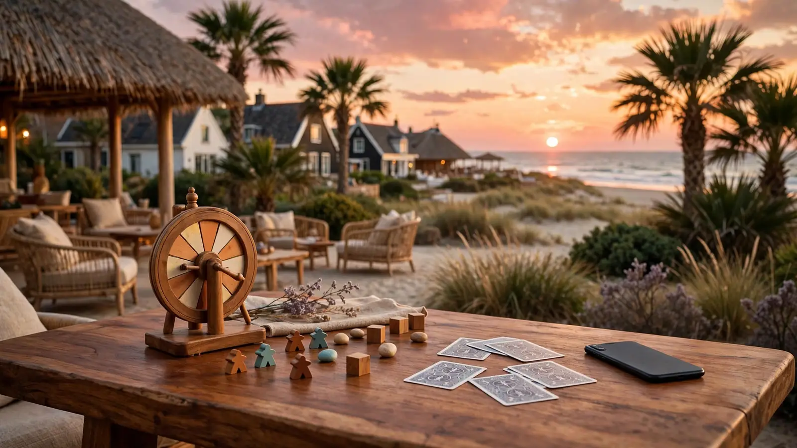 Casino-instelling op een tropisch strand bij zonsondergang met fiches en kaarten