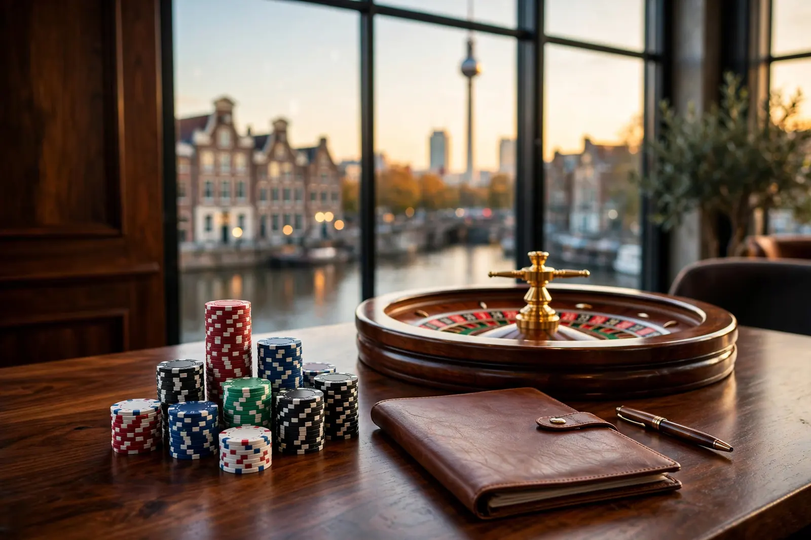 Roulettewiel met casinofiches en documenten tegen Berlijnse skyline