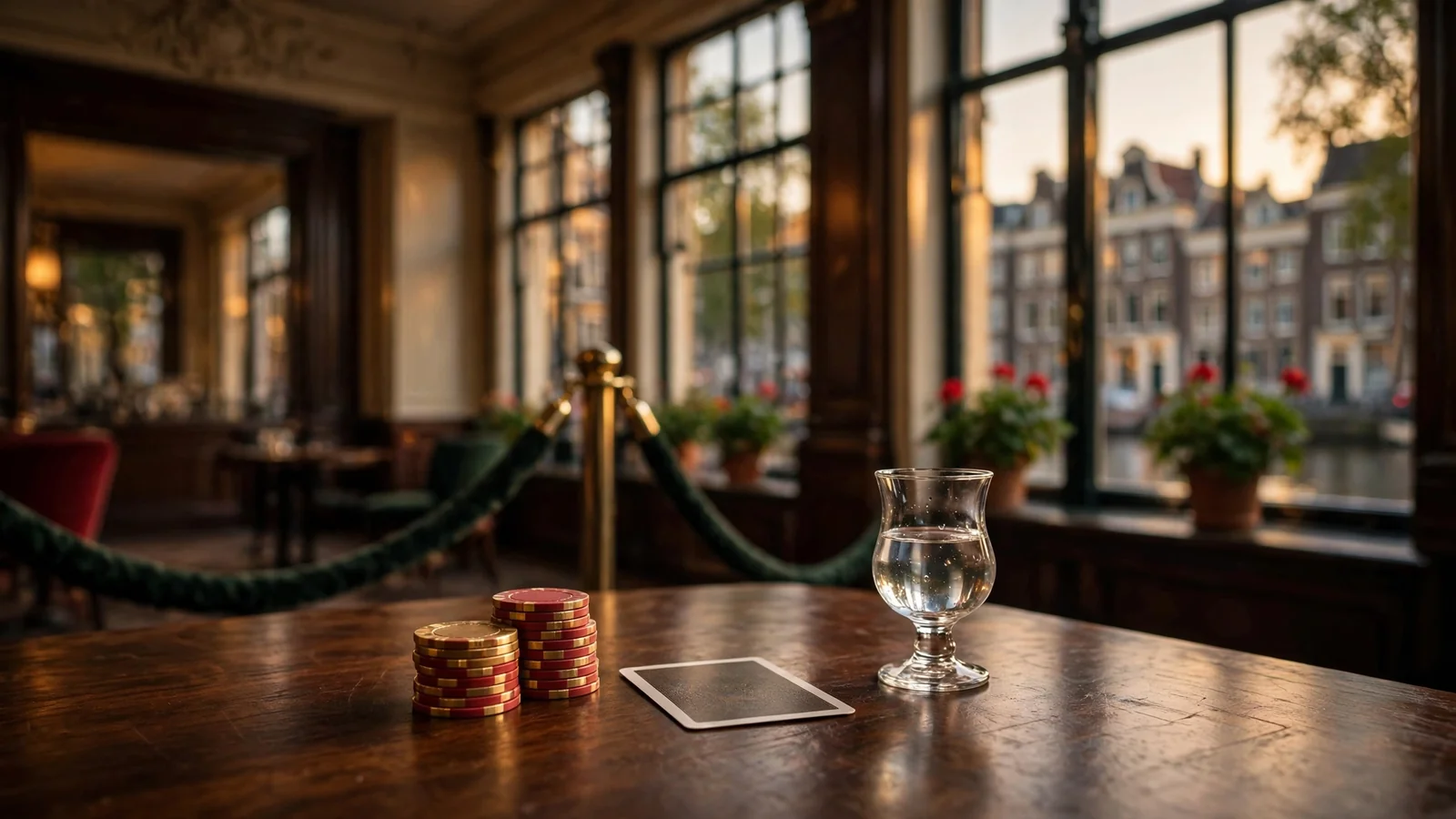 Elegant casinosfeer met fiches, kaart en jenever in warm licht