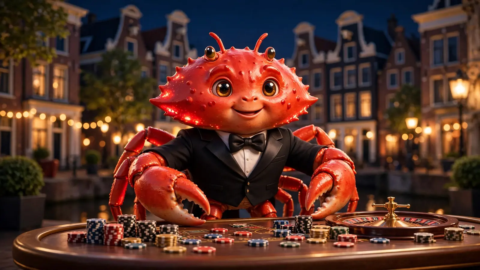 Charmante krab in smoking achter een casinotafel met fiches en roulettewiel