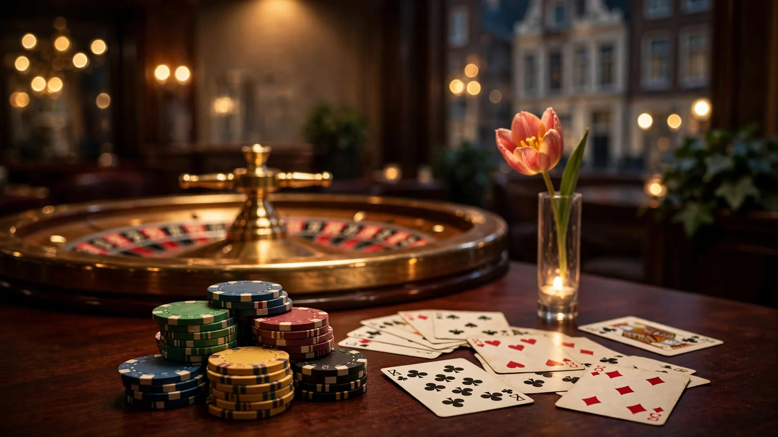 Casinochips, roulette en kaarten op een donkere tafel