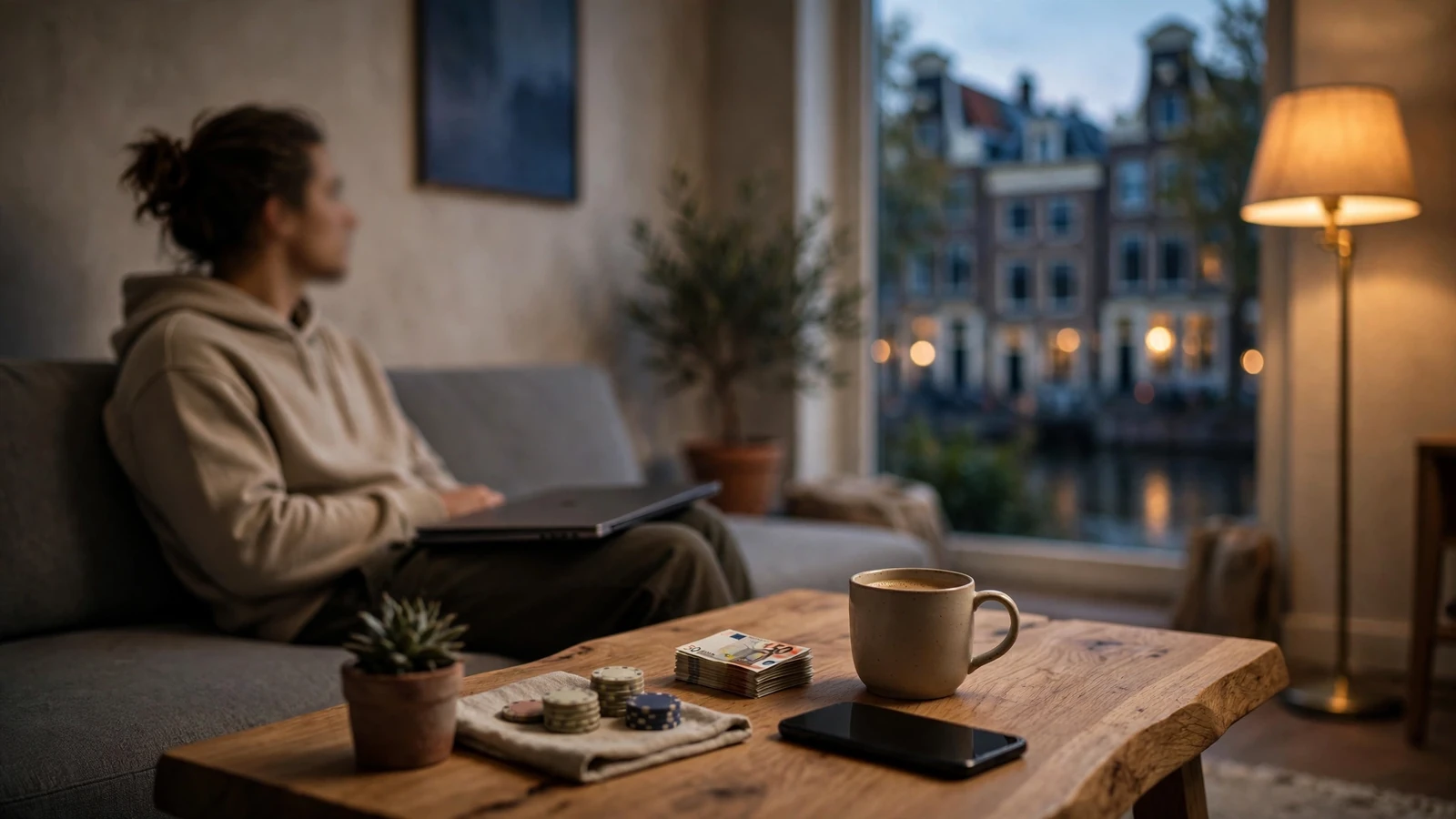 Persoon op de bank met gesloten laptop en chipstapel in een modern Nederlands interieur