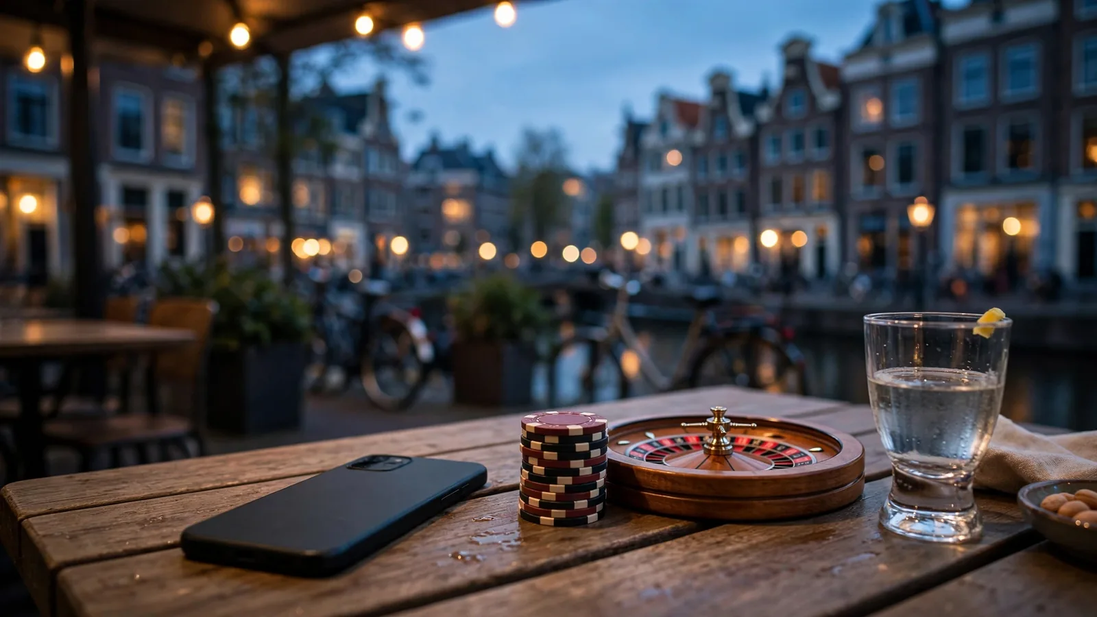 Nederlandse cafésfeer met casinofiches en roulette op tafel