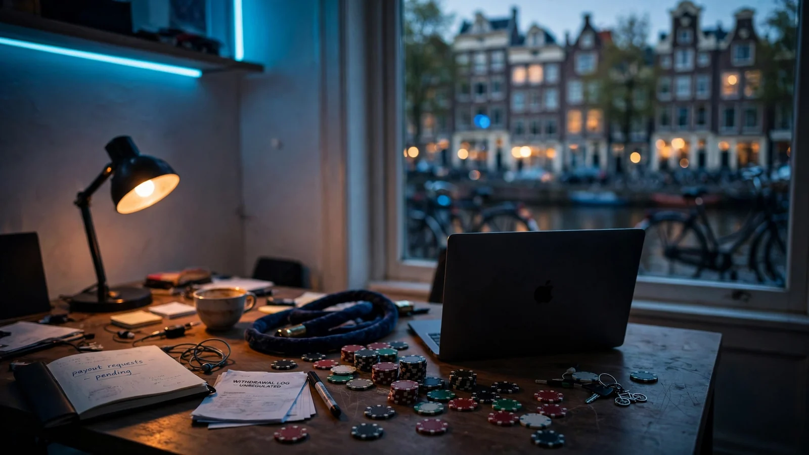 Lege online casino werkplek in Amsterdam bij schemering