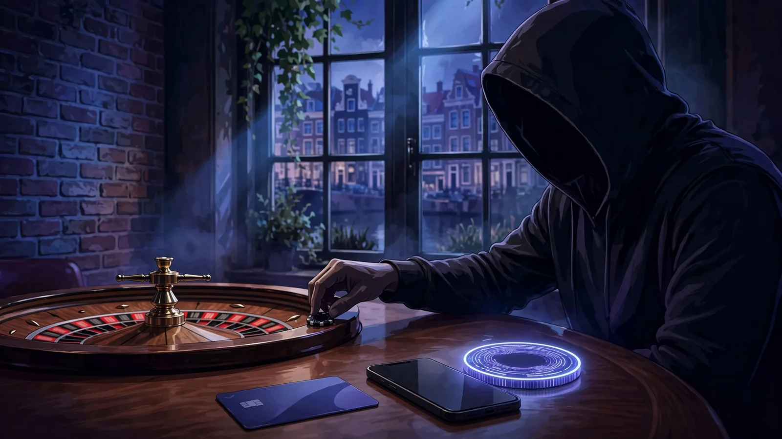 Anonieme speler aan casinotafel met chip, roulette en crypto-munt