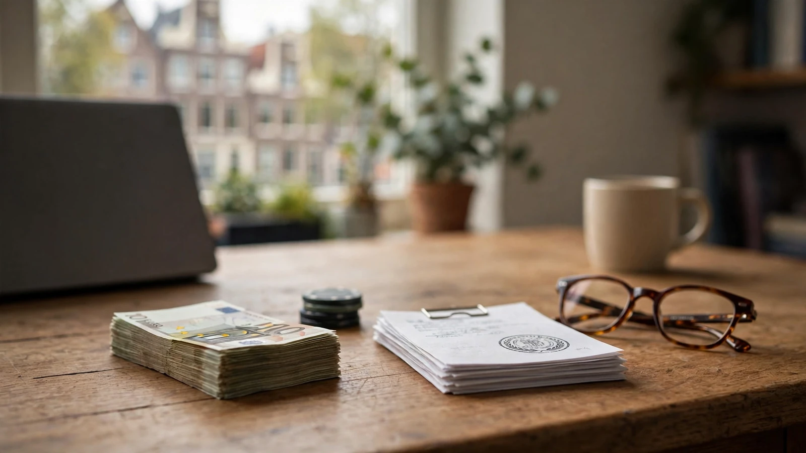 Stapel euro's en belastingdocumenten op een bureau, symbool voor kansspelbelasting.