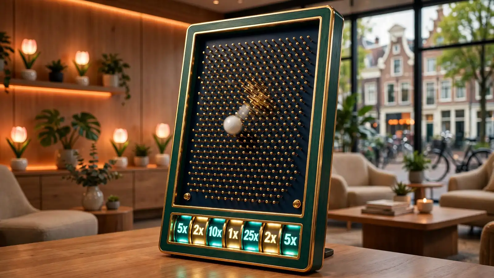 Glanzende Plinko-bord met vallende bal en verlichte multiplier-vakken in een Nederlands gamelounge.