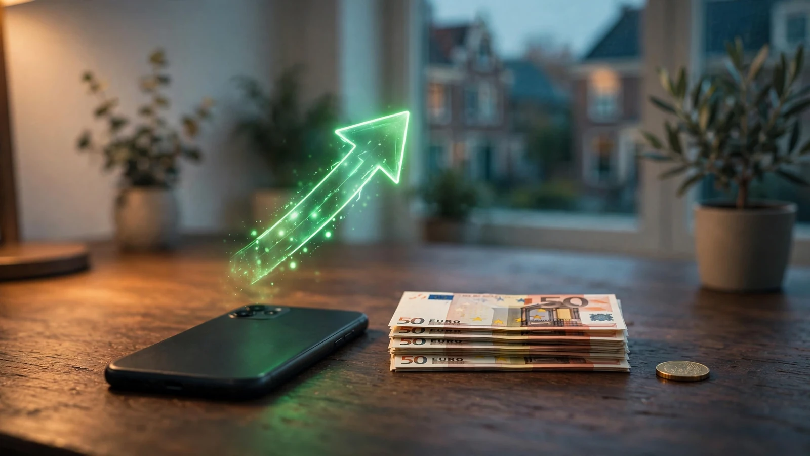 Telefoon, eurobiljetten en groene pijl op bureau voor snelle casinouitbetaling