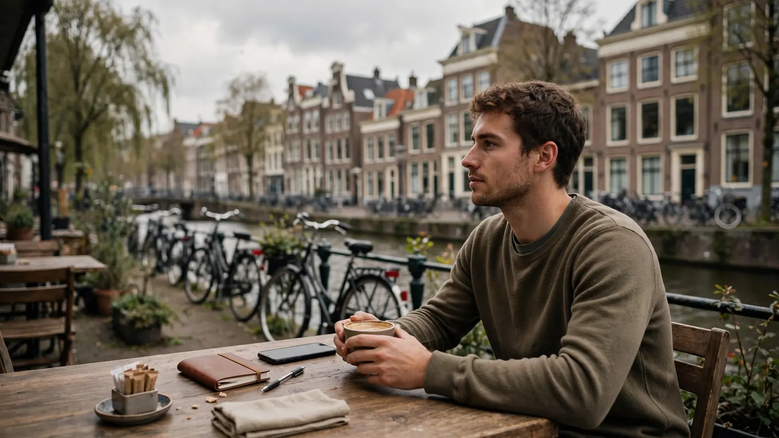 Persoon aan een Nederlands grachtenterras met koffie, telefoon met scherm naar beneden
