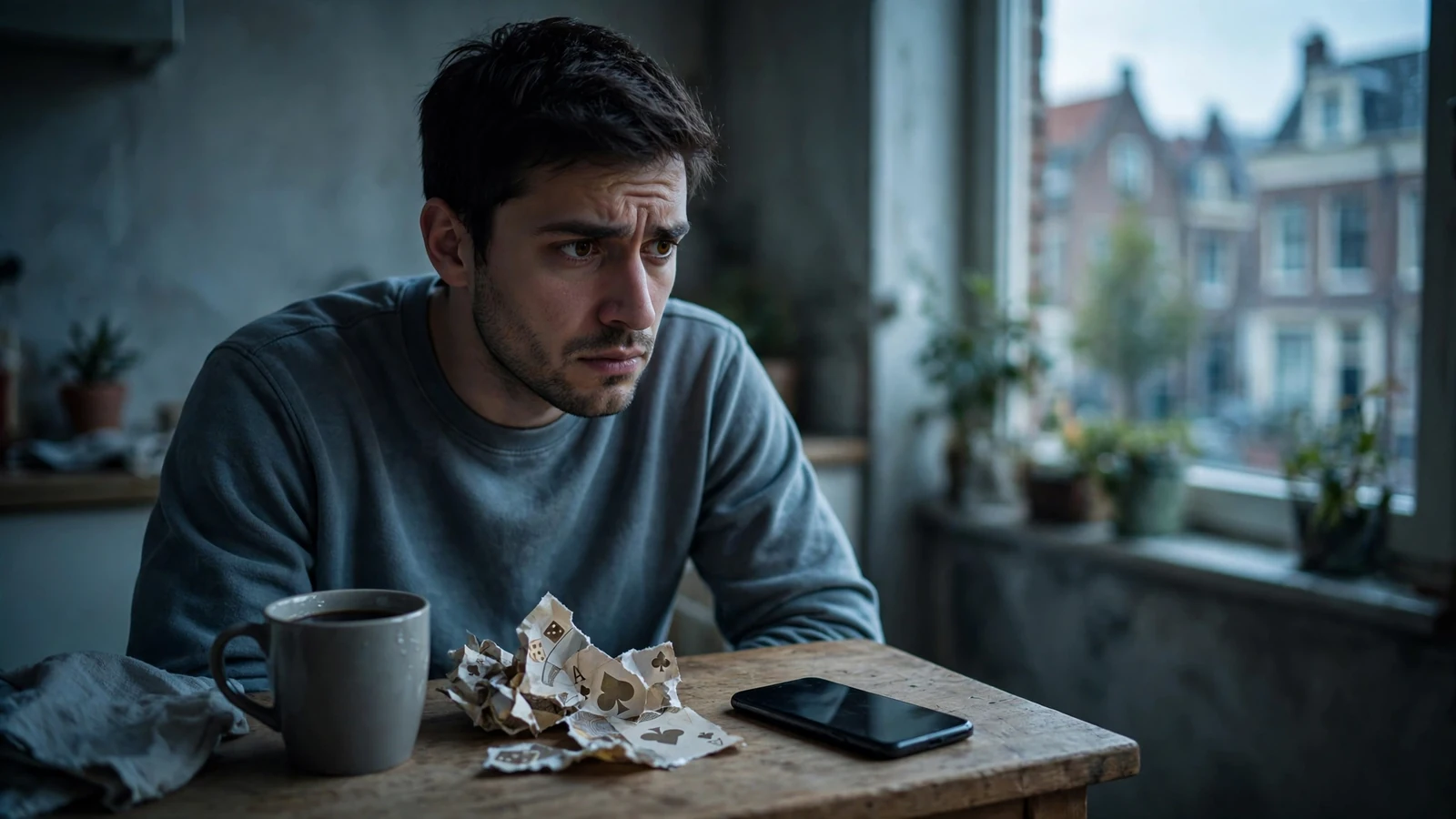 Nederlander kijkt wantrouwend naar telefoon met verboden gokreclame