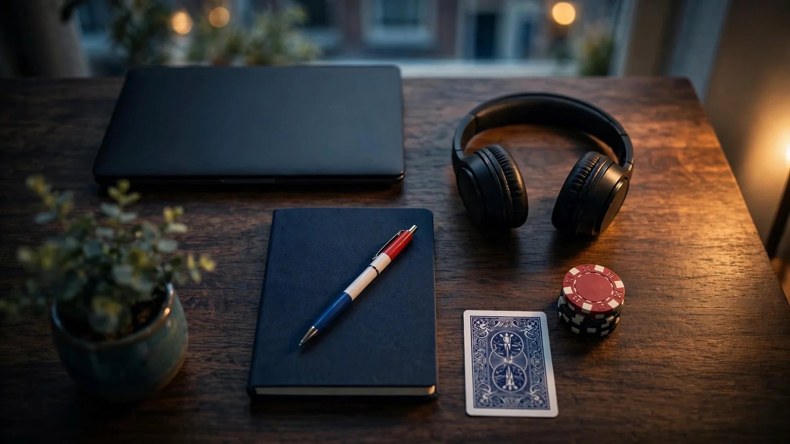 Bureau met gesloten laptop, casinofiches en notitieboek in Amsterdamse sfeer.